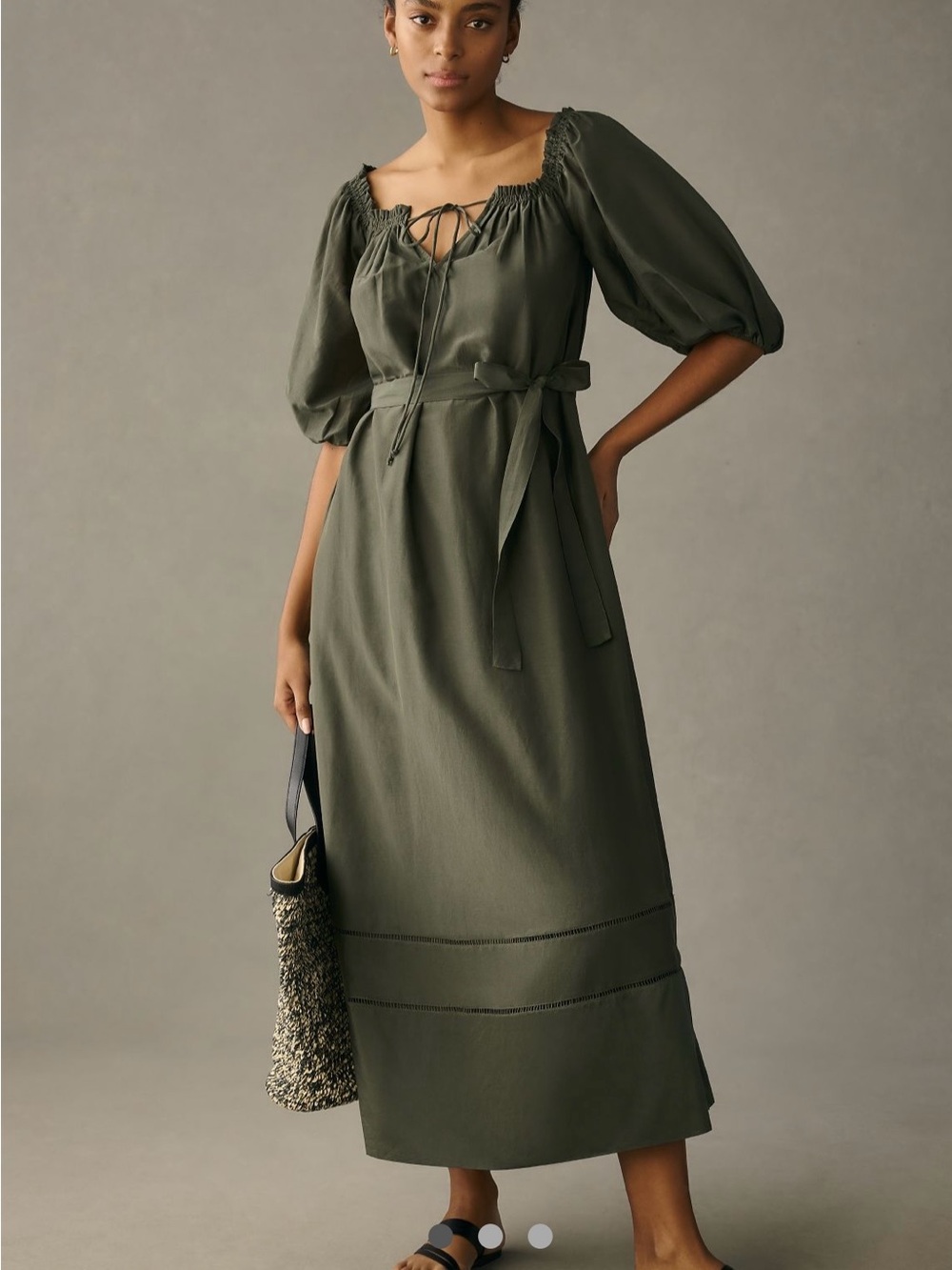 Anthropologie off the shoulder Olive Green Peasant Midi Dress with Tie Waist